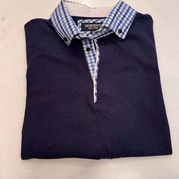 Giorgenti New York Women’s Custom Navy Blue Polo Shirt, Plaid Collar Cuffs Sz XL - Picture 12 of 12